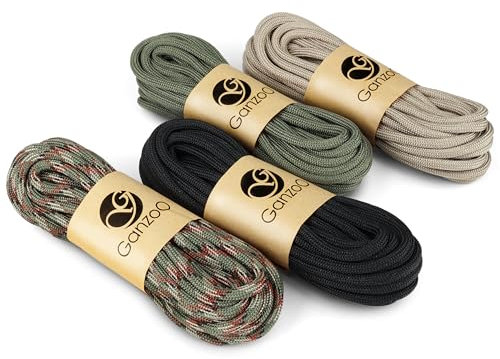 Ganzoo Paracord 550 Set, (4X 6 Meter) Outdoor Seil 4mm Schnur, Typ 3-7 Innenstränge, Nylon & Polyester, Allzweckseil für Camping & Survival, Hundehalsband & Hundeleine (schwarz, grün, Sand, camo)