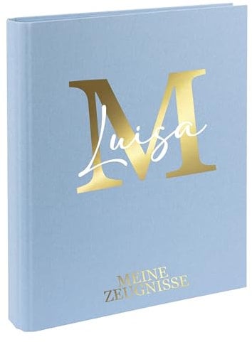 AWASG Zeugnismappe Kinder mit Namen personalisiert | Dokumentenmappe Buchstabe Initiale für Mädchen Jungen | Zeugnisordner Leinen zum Einsortieren von Urkunden (Hellblau)