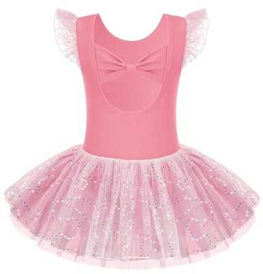 Arshiner Abiti da Balletto per Ragazze con Fiocco a Maniche Corte, Abbigliamento per Balletto, Abito da Ballo, Body da Balletto per Bambini, in Cotone, con Gonna in Tulle Glitterato, Rosa Corallo 140