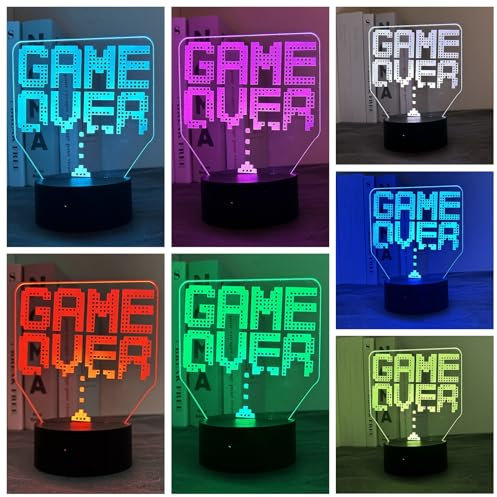 Fincoly Game Over 3D-Illusions-Nachtlicht für Jungen und Mädchen, LED-Spielschild, Schreibtisch, Spielzimmer, Dekor-Lampe mit 16 Farbwechsel, Fernbedienung, Touch-Steuerung, Weihnachten, Geburtstag,