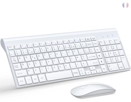 TopMate Ensemble Clavier et Souris sans Fil Ultra-Mince, 2.4G Silent Compact Clavier de Souris 2400DPI Pleine Taille, Clavier avec Couvercle, Piles 2 AA et AAA, pour PC/Laptop/Windows/Mac - Blanc
