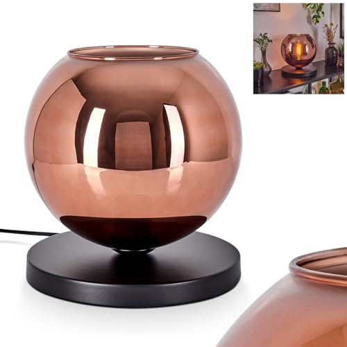 Tischleuchte Koyoto, Tischlampe aus Metall/Glas in Schwarz/Kupferfarben, Leuchte im modernen Retro/Vintage-Design mit Schirm aus Glas (Ø 25 cm) u. An/-Auschalter am Kabel, 1 x E27, ohne Leuchtmittel