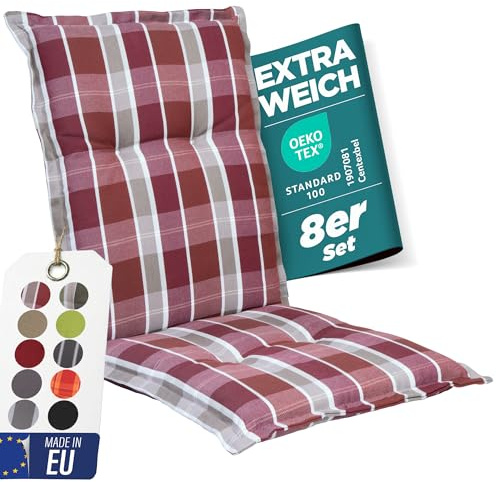 gardisun Gartenstuhlauflagen Niedriglehner, 8er Set, Rot kariert Pastell | Extra Dicke Sitzauflagen, Made in EU, Stuhlauflagen für Niederlehner Gartenstuhl, Auflagen mit extra hoher Lichtechtheit