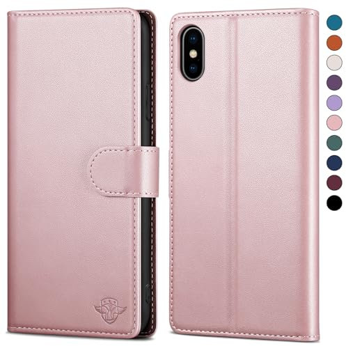 SkyDuck for iPhone X/XS/10 5.8 case Leather Flip,for iPhone X case with [RFID Blocking][Credit Card Holder] with 1 Tempered Glass Screen Protector,Cover Women Men for iPhone XS case Rose Gold