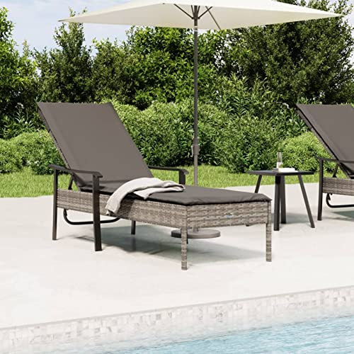 Homgoday Sonnenliege mit Auflage Grau Rattanlliege Gartenliege Sonnenliege Relaxliege Strandliege Balkonliege Freizeitliege für Garten Balkon Poly Rattan