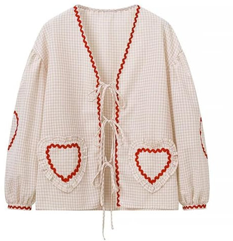Today Deals Womens Fashion Blouses Casual Long Sleeve Lace Up Shirts UK 2024 Cute Love Heart Plaid Tops Summer Open Front Y2k Blouses Dressy Comfy Loose Fit Shirts Ladies Going Out Tee