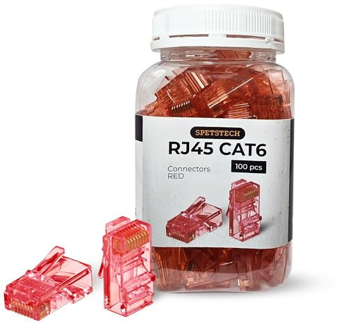 Spetstech RJ45 Connectors 100-Pack Cat 6 Pass-Through Connectors (Cat 6 Ends / RJ45 Modular Plugs) for Solid or Stranded UTP Ethernet Cables (100, Red)