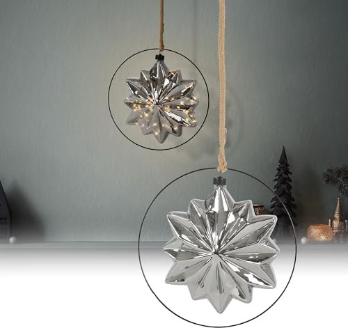 ECD Germany LED-Weihnachtsstern Ø18cm auf 80cm Seil, Deko Leuchtstern zum aufhängen, Warmweiß, Grau, Glasstern mit Beleuchtung & Metallring, batteriebetrieben, Timer, Innen, Deko Stern Weihnachtsdeko