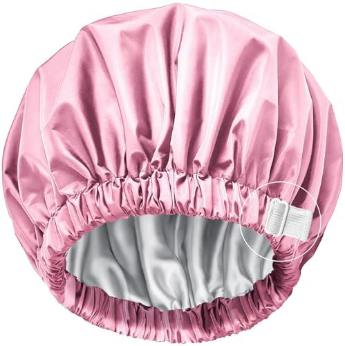 Shower Cap, Real Silk Shower Cap for Women,Luxury,Reusable-Double Layer,Waterproof,Washable & Adjustable Size,Satin Lined Shower Caps,for All Hair Styles (Pink)