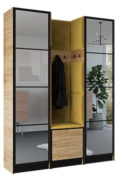 KIER FURNITURE Flurgarderobe Modern - Garderobenschrank mit Sitzbank, Haken und Schuhschrank - Flur Möbel Geräumig und Stilvoll - BxHxT 159,6x205x39cm - Craft Eiche + Gelb