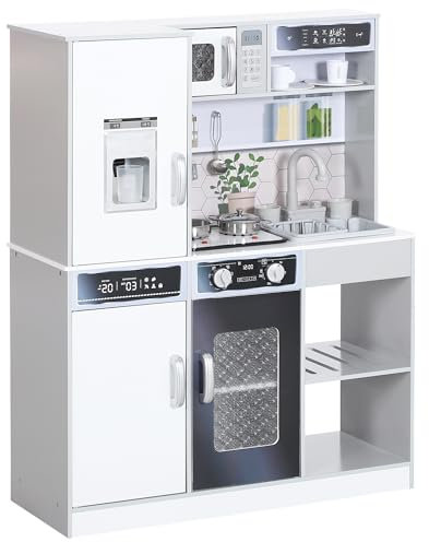 AIYAPLAY Kinderküche Spielküche mit Lichtern und Geräuschen Kochherd, fließendes Wasser, Kaffeemaschine, Kühlschrank, Mikrowelle, Eiswürfelmaschine, Küchenzubehör für 3-8 Jahre Kinder, Weiß