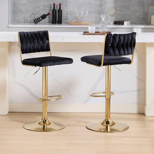chairus 2X Taburetes de Bar de Terciopelo con Respaldo Trenzado Sillas Altas Cocina Elegantes, Taburetes Isla de Cocina Altura Ajustable Sillas Barra Giratoria con Patas Dorado para Hogar, Negro