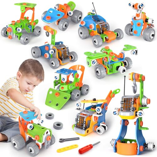 iKidiki Konstruktionsspielzeug ab 5 6 7 8 9 10 11 12 Jahre, Baukasten ab 5 6 7 8 9 Jahre Geschenk 5-10 Jahre Junge Mädchen Baustellenfahrzeuge Kinder Geburtstagsgeschenk 10 in1 STEM Lernspielzeug