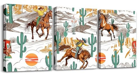 Loussiesd Pferd 3er Poster Set für Schlafzimmer Wohnzimmer Western Cowboy Moderne Wandbilder Kaktus Boho Sukkulente grüne Pflanzen Leinwandbilder Bauernhaus Rodeo Cowboy Stil Deko Bilder