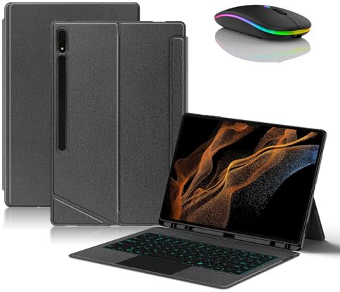 JZCZMCE Keyboard Case for Samsung Galaxy Tab S8 Ultra 14.6 inch 2022, Detachable Wireless Backlit Keyboard with Pencil Holder, Thin Slim Folio Cover with Bluetooth Mouse