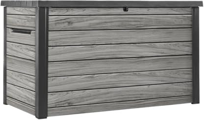Keter Ontario Boîte de rangement/coffre à coussins 870 l | 100 % étanche avec ventilation donc pas d'odeur désagréable / moisissure, aspect bois moderne, couvercle avec vérins à gaz
