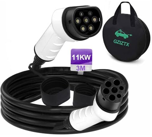 Gziztx Câble de charge type 2, 16 A/11 kW/3 phases/3 m, câble de charge EV type 2 pour voiture électrique, avec sac de transport (3 m 11 kW)