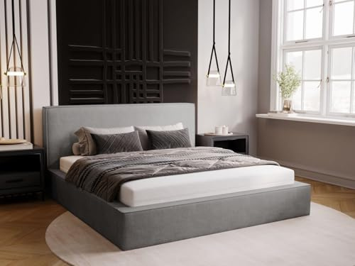 GRAINGOLD Monaco Bett 140x200, Polsterbett mit Bettkasten, Polsterbett mit Stauraum, Velour, mit Lattenrost, mit Kopfteil, ohne Matratze (Grau, 140x200)