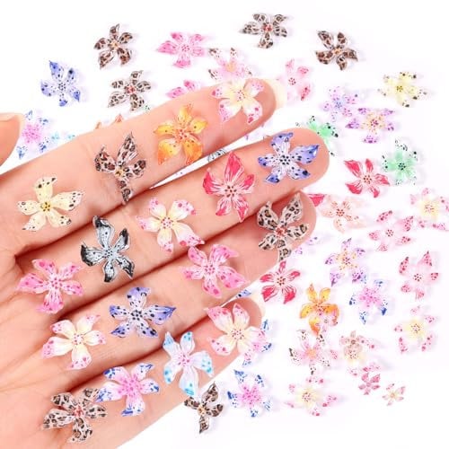 BOXOB 60pcs Flower Nail Charms, Resin 3D Hawaii Floral Nail Rhinestones Gems Colorful Beach Summer Art Decor Supplies Accessories for Women Manicure Decorations