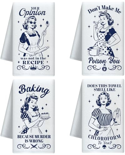 CUTHOLLOW 4er-Set Geschirrtücher mit Hausfrau Backen Motiv - Weich & Saugfähig - Vintage Deko Geschirrtuch 60x40 cm, Trockentücher Microfaser für Küche, Tee, Kaffee, Bar, Geschenk zur Einweihung