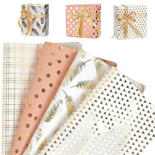 KNJOMZIE Geschenkpapier Set 8 Blatt 70x50cm, Weiß Gold Geschenkpapier mit Goldfolie, Wrapping Paper für Valentinstag, Hochzeit, Geburtstag & besondere Anlässe