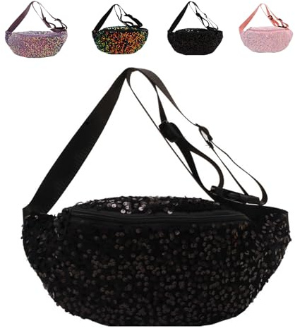 Bauchtasche Pailletten Damen Bauchtasche Verstellbarer Gurt Hüfttasche Brusttasche Glänzende Umhängetasche Stylisch Fanny Pack für Camping Sport Geldgürtel Laufen Wandern Training (Schwarz)