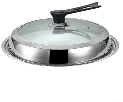 Couvercle en verre avec cadre en acier inoxydable pour grand fer pour woks, design pour un rangement propre et facile, compatible avec plusieurs tailles de wok de 30 à 42 cm (34 cm)