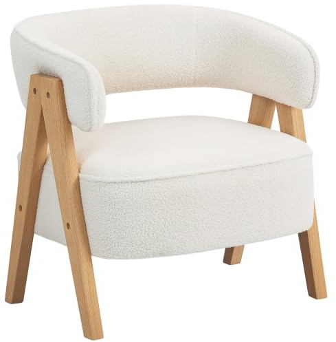 HOMCOM Sessel Gepolsterter Loungesessel mit Armlehnen Weiß | 63 cm Breiter Sitz, Fleece-Optik, Gebogen Rückenlehne, Lesesessel Relaxsessel, Holzbeine, für Schlafzimmer, Wohnzimmer