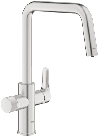GROHE Blue Pure Eurosmart – 3 Way Water Filter Tap (High U-Spout, Swivel Area 150°, Dedicated Filter Handle, 28mm Ceramic Cartridge, 3/8 Inch Tails, Needs a Filter Starter Set), Supersteel, 30583DC0