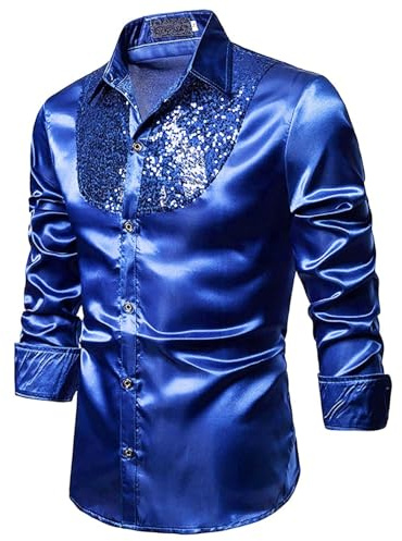 Pailletten Hemd Herren Langarm Party Silvester Fasching Glitzerhemd Metallic Pailettenhemd Disco Outfit Kostüme Männer Karneval Fashion Glitzer Herrenhemd Einfarbig Hemden Herrenhemden Regular Fit