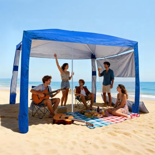 VEVOR Cabaña de Playa 2,4 x 2,4 m, con Pared Lateral, Protección Solar UPF 50+, con Sacos de Arena, Toldo Ajustable en Altura y Portátil para Disfrutar en Familia o con Amigos, Azul Marino Liso