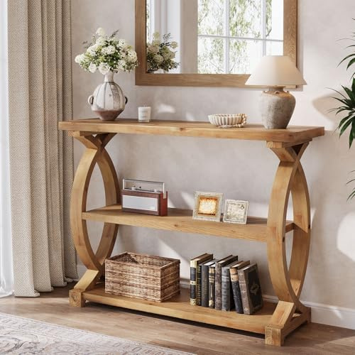 TRIBEWOOD Slim Solid Wood Console Table, 3‑Tier Rustic Sofa Table with Fish‑Tail Side Design, Small Hallway Table with Storage for Entryway, Foyer, Living Room, Natural Wood Grain