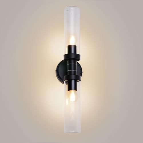 TYhogar 2-Flammige Spiegelleuchten Badezimmer Wandleuchten mit Klarem Glas | 3000K Wandbeleuchtung Schwarz Moderne Wandlampen für Spiegel Wohnzimmer Treppen Flur 54cm (Inklusive Leuchtmittel)