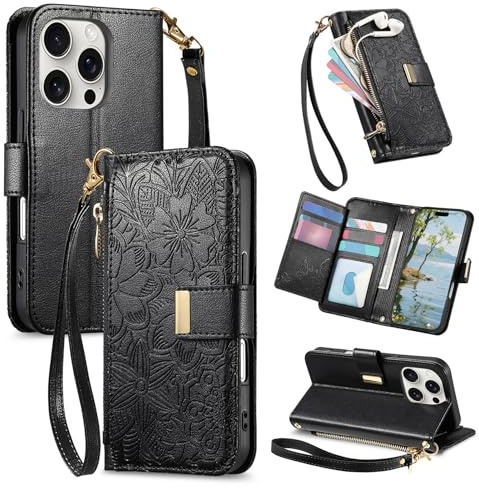 VEEMOS Phone Case for Apple iPhone 12 Pro Max Case with Zip Wallet Purse Card Holder Slot Embossed Flower Design Folding Flip Cover Leather Stand Lanyard Wrist Strap Women - Black