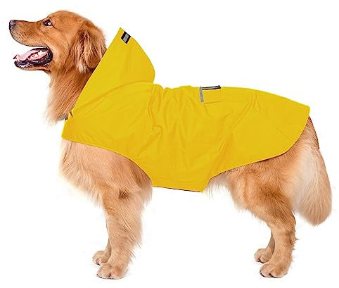 Zellar Hunderegenmantel mit Kapuze & Kragenloch & Sicheren Reflektierenden Streifen, Ultraleichte Atmungsaktive 100% wasserdichte Regenjacke für Mittelgroße bis Große Hunde, Gelb, 3XL