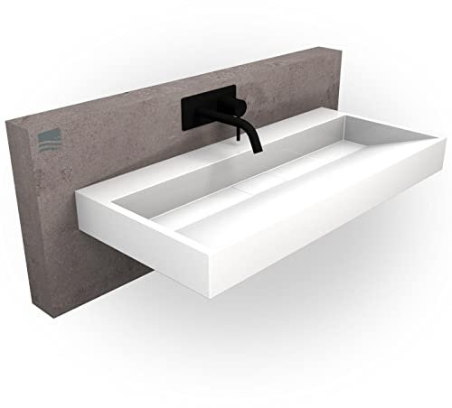 BERNSTEIN - Vasque Lavabo Rectangulaire à poser/suspendre Blanc mat 60x37x15cm Lave main Marbre coulé + Cache bonde sans trou robinet - Design, Robuste & Durable - BS6001