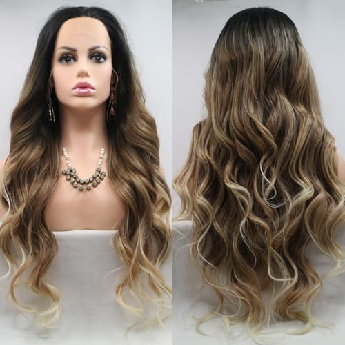 Xiweiya Long Black Curly Wig Ombre Brown with Blonde Tips Synthetic Lace Front Free Part 3 Tones Color Hair Replacement Wig for Women & Drag Queen Cosplay 24