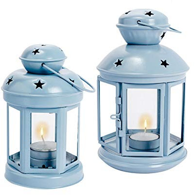 Nicola Spring Vintage Laternen-Teelichthalter - 2 Größen - Blauer Kerzenhalter, dekorative Kerzenlaterne, Metall-Teelichter zum Aufhängen im Innen- und Außenbereich