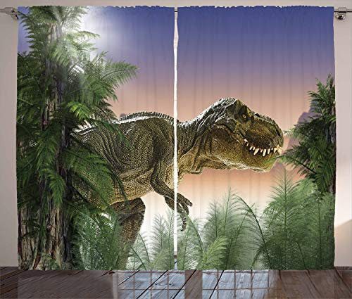 ABAKUHAUS Jurassic Rustikaler Gardine, Dinosaurier im Dschungel, Schlafzimmer Kräuselband Vorhang mit Schlaufen und Haken, 280 x 260 cm, Pfirsich Grün