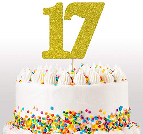 Cakeshop 17th Birthday Glitter Cake Topper, Age 17 Cake Topper Decoration, 17th Anniversary - Double Sided 400gsm Glitter Card, Choice 14 of Colours and Loads of Styles (Gold)