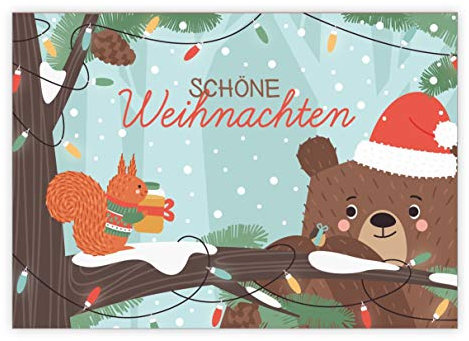 Kartenkaufrausch 1 Süße Weihnachtskarte mit Eichhörnchen und Bär im Wald • Weihnachts Glückwünsche im Set mit Umschläge zum Jahreswechsel für Familie, Freunde, Kollegen