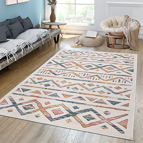 TT Home Wohnzimmer Teppich Kurzflor Wohnzimmerteppich Vintage Rauten Boho Ethno Design, Farbe:Bunt 4, Größe:160x230 cm