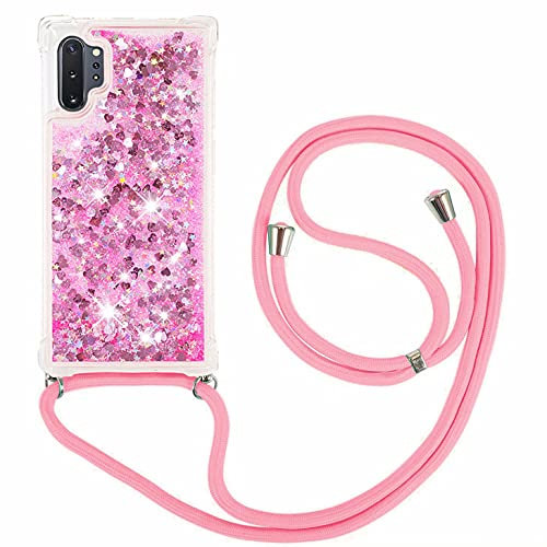 FMPCUON Coque Samsung Galaxy Note 10 Plus Glitter Liquide Collier pour Téléphone Portable avec Cordon - Lanyard Paillettes Flowing Sand Silicone Gel TPU Housse avec Smartphone Collier Étui, Or Rose