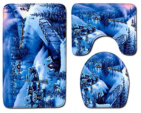 Badezimmerteppich-Set, 3-teilig, Weihnachtsmotive, aus Memory-Schaum, rutschfest, WC-Deckelbezug