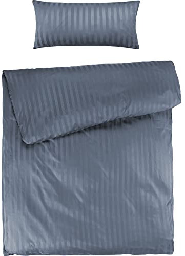 Pure Label Mako Satin Damast Streifen Bettwäsche blau 155x220 cm mit Kissenbezug 40x80 cm aus 100% Baumwolle | Traumhaft weiches Mako Satin Bettwäsche Set in Uni