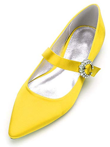 Womens Ballet Flats Pointed Toe Rhinestones Buckle Satin Ballet Pumps Dress Shoes,Yellow,3 UK