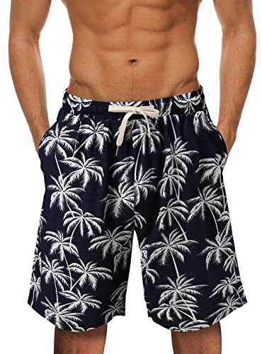 BOTCAM Kurze Hosen f. Herren Sommer Hawaii Palmen Tropische Druck Strand-Shorts Boardshorts Schwimmshorts Wassersport Kurz Leichte Atmungsaktiv Badeshorts Elastische Taille Surfen Hose Swim Short