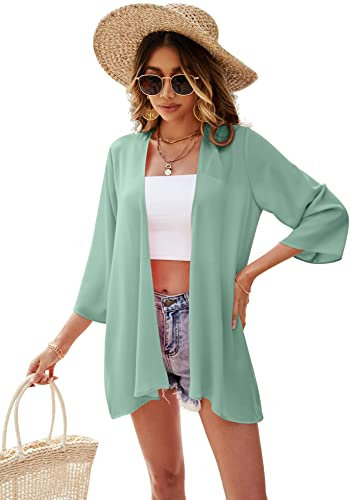 Ietaoo Strickjacke Damen Kimono Cardigan Chiffon Boho 3/4 Arm Leichte Sommerjacke Strand Cover Up Shawl Bluse Grün S