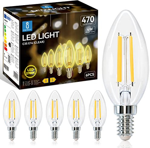 Aigostar Bombilla LED E14 Vela Edison, 4W Equivalente a 40W, Luz Cálida 2700K, 470 Lúmenes, Bombilla LED Vintage Decorativa C35 de Filamento, No Regulable, Cristal transparente, Pack 6