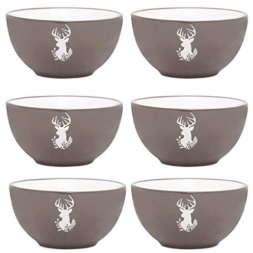 Set of 6 Bowls - Hand Painted Grey & White Reindeer Stoneware Crockery Dinner Service Dishwasher & Microwave Safe Christmas Dinner Table Breakfast Cereal Soup Pasta Dessert Serving Bowl